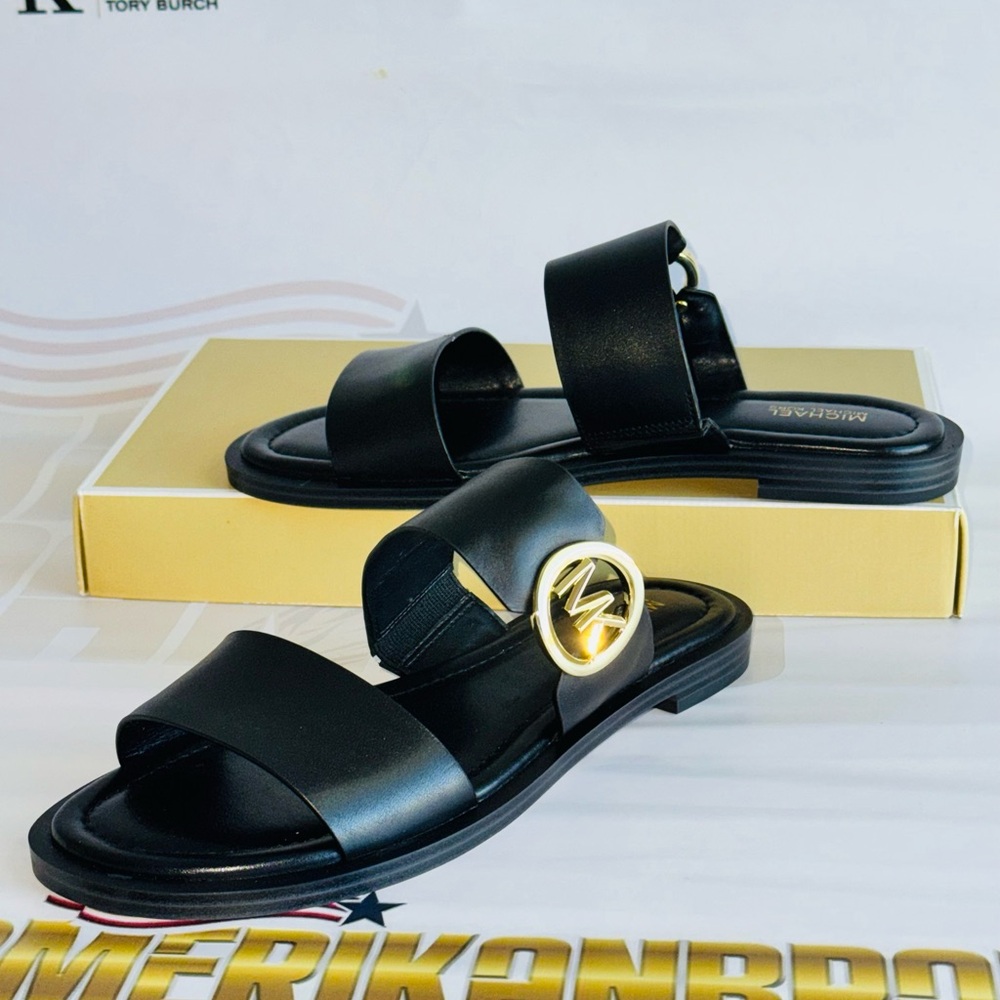 Michael Kors Summer Sandal Black Leather with Gold Accents with Box